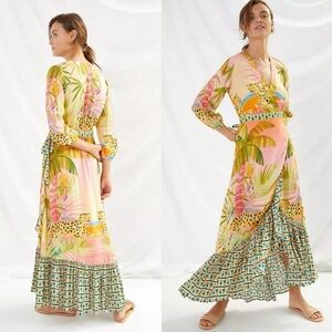 FARM Rio Anthropologie pink yellow leopard floral wrap dress XS